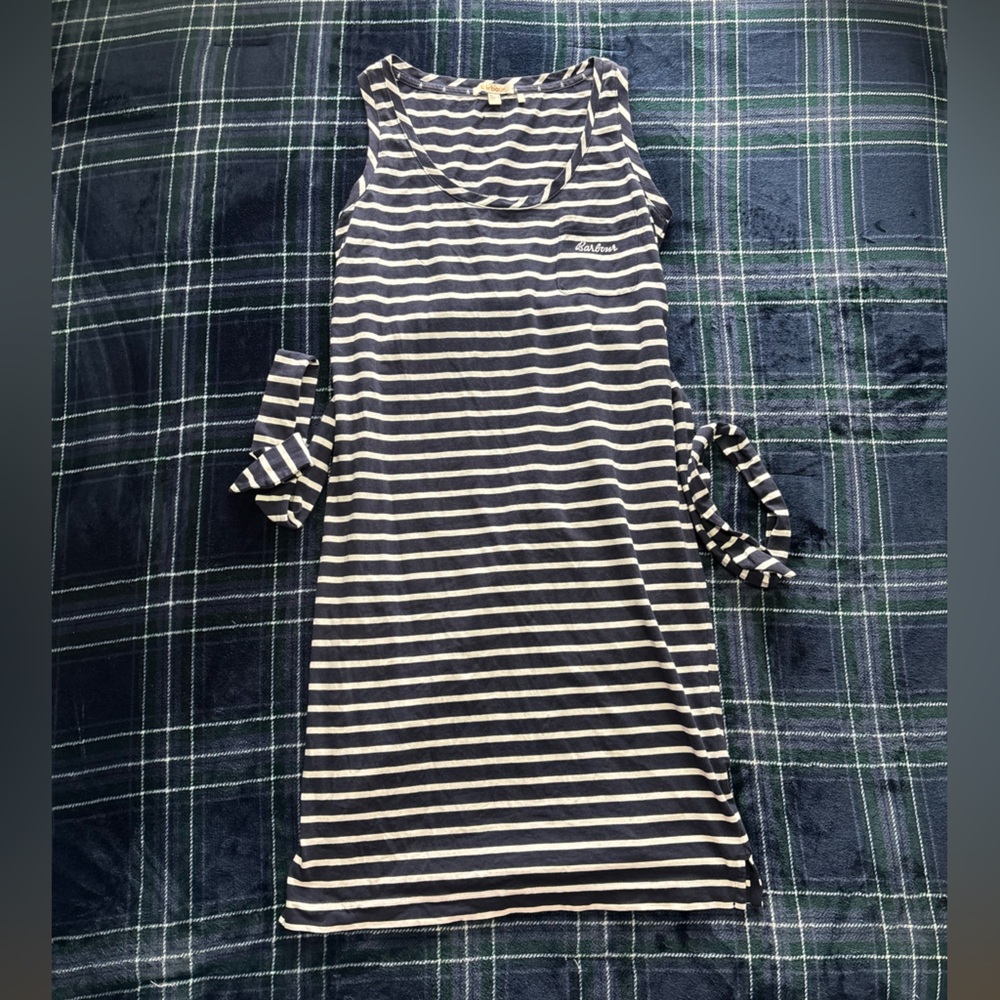 Barbour navy blue and white stripped dress with tie. Size 4.